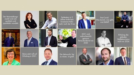 Kollage mit Branchenexperten und Statements für den mrp hotels Report, Ausblick 2021