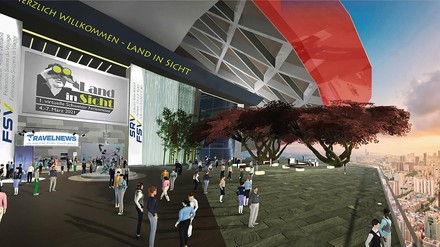 Der Eingang des virtuellen Messegeländes der Ferienmesse Land in Sicht