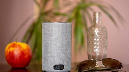 ALEXA in einem Hotelzimmer neben einem Apfel und einer Sonnenbrille