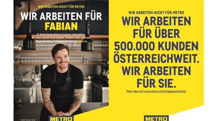 Ein Werbeplakat von Metro auf dem steht Wir arbeiten nicht für Metro, wir arbeiten für Fabian