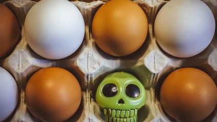 Ein Eierkarton in dem sich neben Eiern auch ein Totenkopf befindet