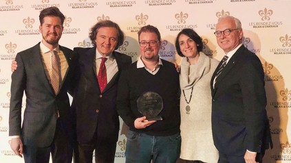 Benjamin Dietsche (Direktor Relais & Châteaux Schweiz & Liechtenstein), Pierre-Emmanuel Taittinger (Vorsitzender Taittinger und Sponsor der „Ethical Cuisine Trophy 2020“), Stéphane und Stéphanie Décotterd sowie Philippe Gombert (Präsident Relais & Châteaux).