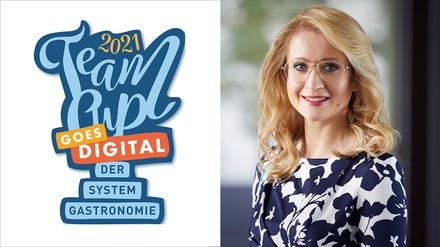 Andrea Belegante, Hauptgeschäftsführerin des Bundesverbands der Systemgastronomie; Logo des DigiCups Systemgastronomie 2021