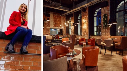 Lisa Edelmann, Direktorin des me and all hotel Hannover sowie der Aufenthaltsbereich des Hotels
