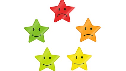 5 Sterne mit Gesichtern, alle in anderer Stimmungslage