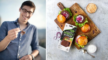 Essento-Co-Founder und -Geschäftsführer Christian Bärtsch freut sich mit seinem Team über den Doppelerfolg bei Forward Fooding, den das Sortiment von Produkten auf Insektenbasis erbrachte. (Fotos: ©Zürich Tourismus; Essento)
Essento-Co-Founder und -Geschäftsführer Christian Bärtsch; Insekten-Burger von Essento