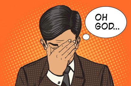 Mann hält sich die Hand vor den Kopf, Sprechblase (oh god)