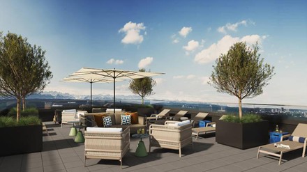 Grafische Darstellung der Außenterrasse in neuen Adina Hotel im Münchner Werksviertel mit Panoramablick und Aussicht auf die Alpen