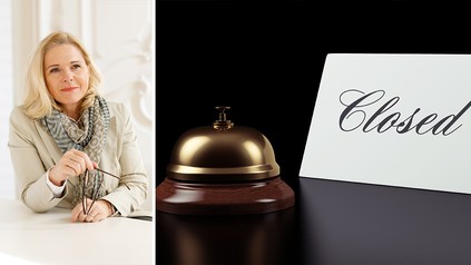 ÖHV-Präsidentin Michaela Reitterer (links); rechts: eine Rezeptionsklingel und ein weißes Schild auf dem "Closed" steht vor schwarzem Hintergrund