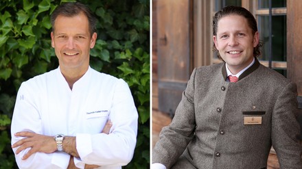 Spitzenkoch Thomas Kellermann (l.), Spitzenkoch im Gourmetrestaurant Dicher, und Hoteldirektor Pierre Laurent Schäfer (r.) des Parkhotels Egerner Höfe