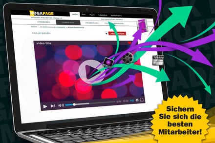 Die Hogapageseite mit Videos und einem Button auf dem Sichern Sie sich die besten Mitarbeiter! steht