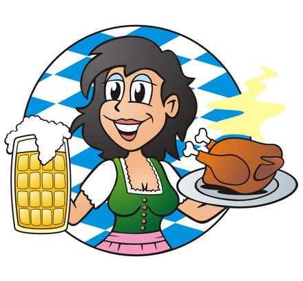 Zeichnung Frau mit Bierkrug und Hähnchen in den Händen