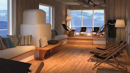 Eine schicke Sauna mit Fenstern mit Bergblick