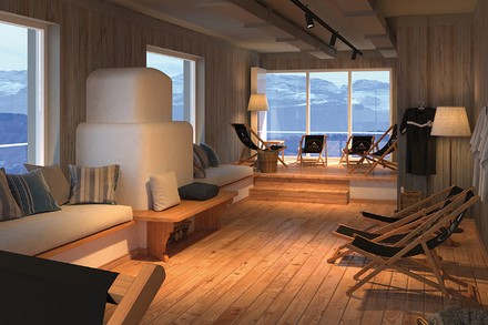Eine schicke Sauna mit Fenstern mit Bergblick