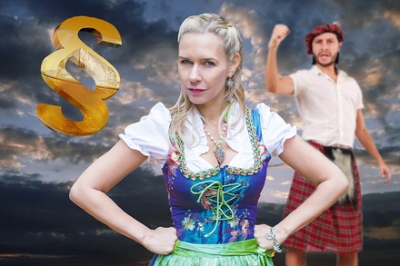 Eine Bayerin im Dirndl und ein Schotte im Schottenrock zanken