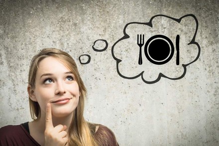 Frau und Gedankenblase. In der Gedankenblase befindet sich ein Teller mit Messer und Gabel