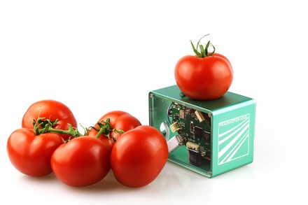 Eine Handvoll Tomaten neben einem elektrischen Gerät
