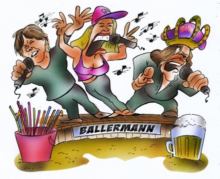 Karikatur Ballermann Sänger auf Podest