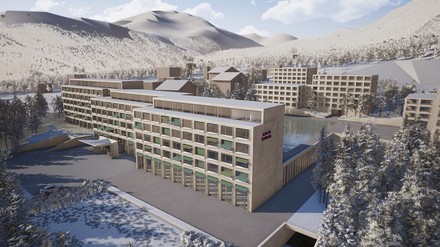 Rendering des neuen Mövenpick Hotel & Resort Disentis und des Apartmentkomplexes Mövenpick Living Disentis im Schweizer Kanton Graubünden