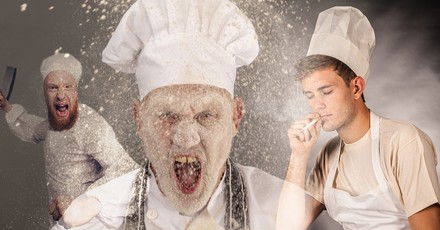 Koch schreit, Mehl im Gesicht