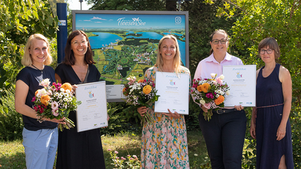 V. l. n. r.: Mel Pieper, Doreen Muster (Kur & Tourismus GmbH Göhren-Lebbin), Anne-Katrin Höhle (TMV), Anja Lichtwark (Beech Resort Fleesensee), Christin Drühl (TMV) (Foto: © BEECH Resort Fleesensee)