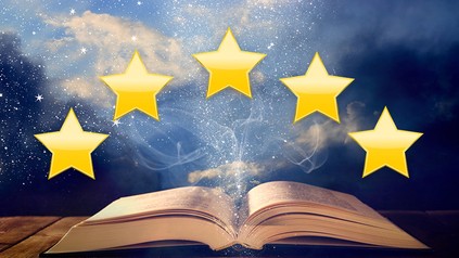 Ein offenes Buch mit 5 Sternen darüber