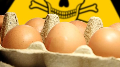 Eier in Karton, dahinter ein Totenkopfsymbol