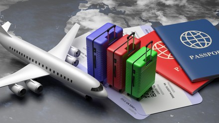 Plane tickets and passports for business trip travel, tourism on world map background. 3d illustration