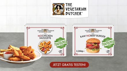 Jetzt schnell die kostenlose Musterbox von The Vegetarian Butcher mit dem Raw Nobeef Burger und den Nochicken Nuggets bestellen. (Foto: © Unilever Food Solutions & Langnese)
Kostenlose Musterbox von The Vegetarian Butcher