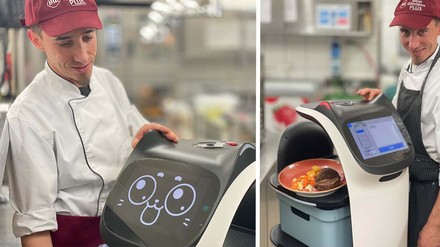 Digitale Engel im Best Western Plus Kurhotel an der Obermaintherme: Küchenchef Fabian Wallner schickt mit dem Serviceroboter ein Essen ins Restaurant. (Foto: © BWH Hotel Group Central Europe)
Der Serviceroboter des Best Western Plus Kurhotel an der Obermaintherme