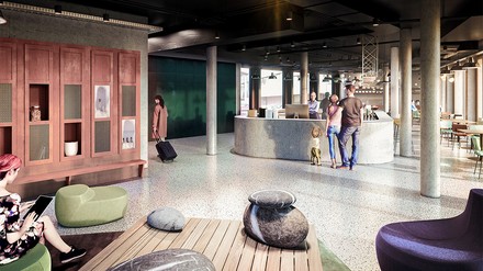 Steinboden in Kieseloptik, ein grauer Empfangstresen und Details wie Sitzgelegenheiten in Steinform – im Mittelpunkt des Designs des Ibis Styles Bern City steht die Aare als Dreh- und Angelpunkt von Bern. (Foto: © Aebi & Vincent Architekten SIA AG)
Lobby im Ibis Styles Bern City
