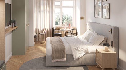 Die Zimmer im Park Hotel by charly in Lübeck. (Foto: © charly Hospitality GmbH)
Ein Hotelzimmer mit Bett.