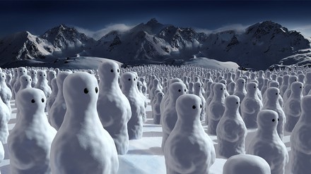 Schneemänner, so weit das Auge reicht: So oder so ähnlich könnte der Schneemann-Park in Ischgl aussehen, mit der Günther Aloys auf die Schneesicherheit in seiner Heimatgemeinde hinweisen will. (Foto: © Workshop Ischgl)
Schneemannarmee.