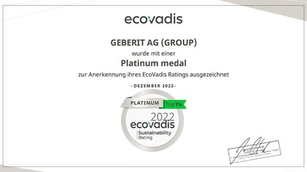 Mit dem Platin-Zertifikat platziert sich Geberit unter den Top-1-Prozent aller von EcoVadis gelisteten Unternehmen. Es ist bis Ende 2023 gültig. (Foto: © Geberit)
Platin-Zertifikat für Geberit