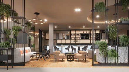 Der Lobby-Bereich des neuen Leonardo Royal Cologne Bonn Airport verfügt unter anderem über eine 130 Quadratmeter große Bar. (Foto: © Neudahm Hotel Interior Design)
Lobby des Leonardo Royal Cologne Bonn Airport