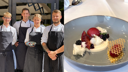 Noch in der Ausbildung, aber schon mitten im Geschehen – die Lehrlinge des Hotels Vier Jahreszeiten Starnberg/Oberbayern servieren im August 2022 ihr eigenes „Azubi-Gourmet-Menü“. Als Dessert bietet das Menü einen Griechischen Joghurt (rechts). (Foto: © Hotel Vier Jahreszeiten Starnberg)
Auszubildende des Hotels Vier Jahreszeiten und Griechischer Joghurt